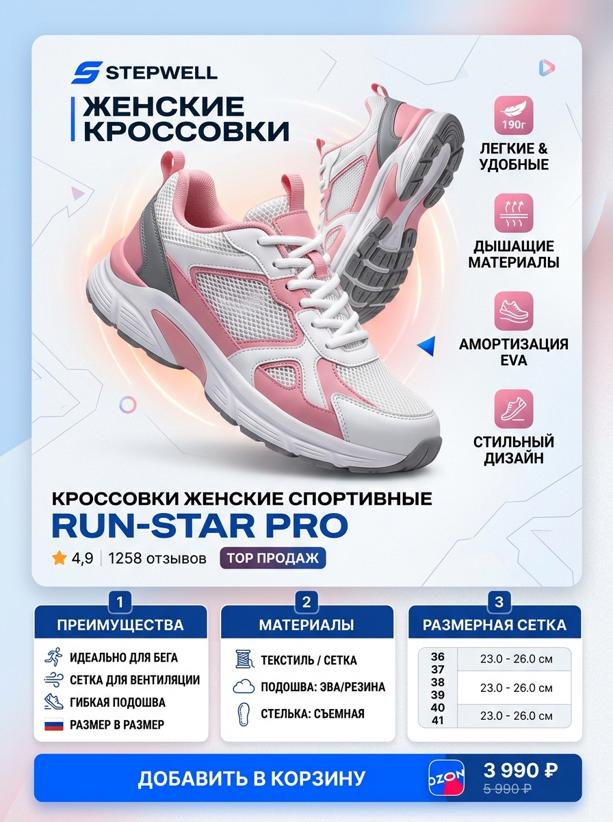 Карточка товара Ozon с женскими кроссовками и инфографикой