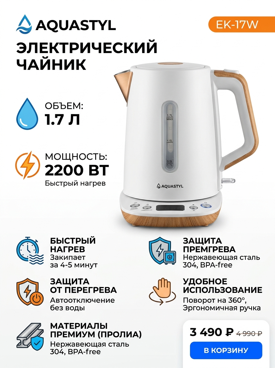 Карточка товара Ozon с электрическим чайником