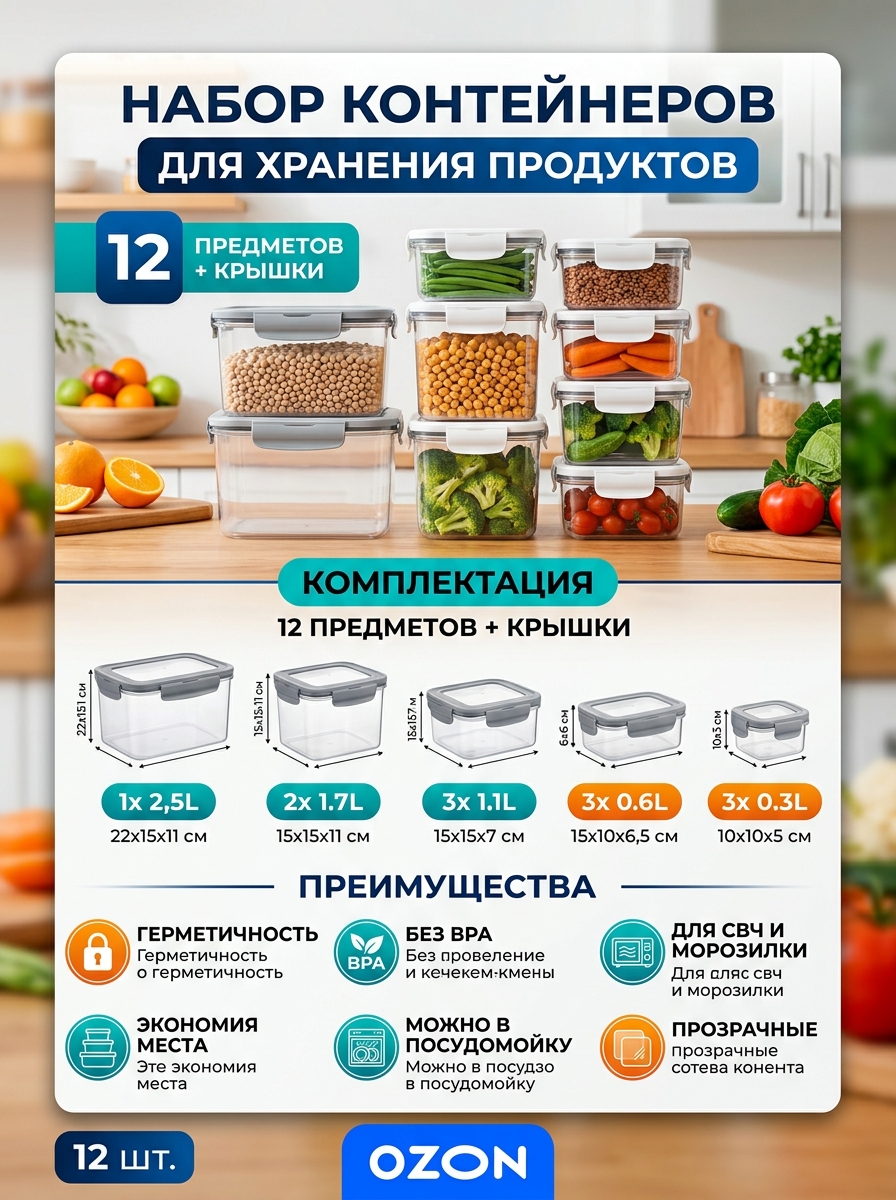 Инфографика для Ozon с набором контейнеров для хранения