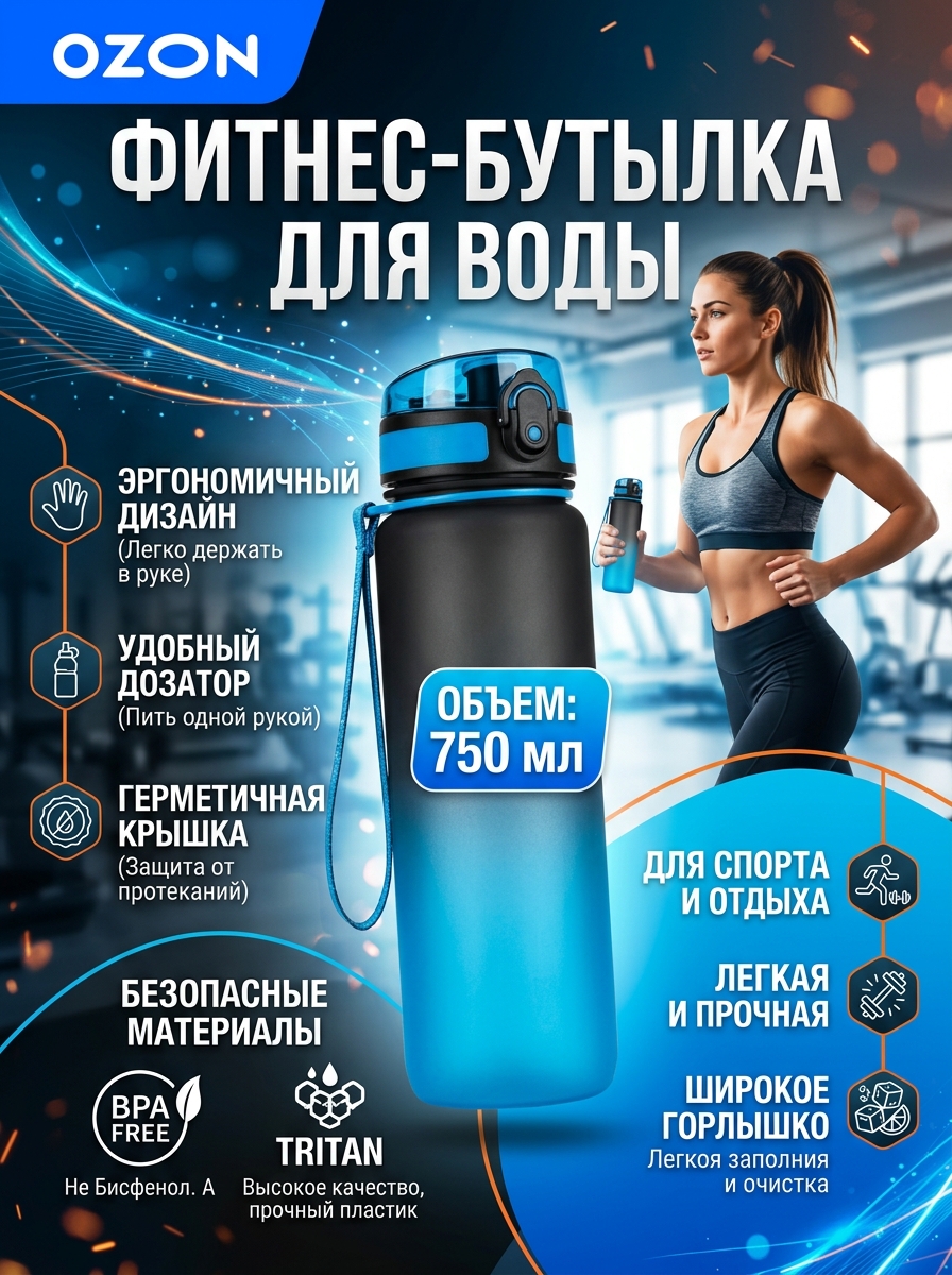 Карточка товара Ozon с фитнес-бутылкой для воды