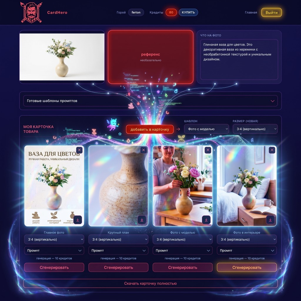 Интерфейс CardHero: загрузка фото, шаблоны промптов и генерация слайдов карточки товара